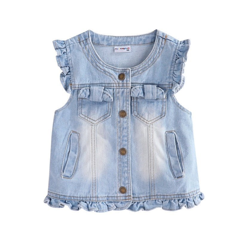 Mudkingdom Ripped Girls Denim Vest Butterfly Sequin Turn-Down Collar Autumn Sleeveless Jacket Kids Jean for Girl Sparkly Clothes