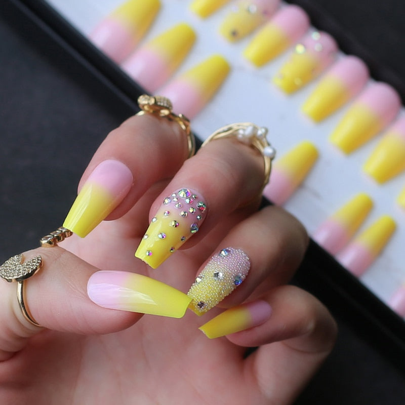 Lemon Yellow French ombre coffin shiny gel fake nails Rhinestone glossy Ballet nails false nail crystal art design caviar match