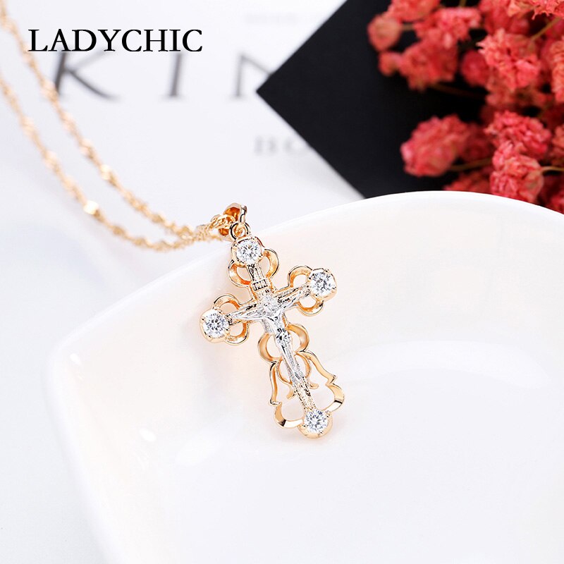 LADYCHIC Fashion Women AAA Zircon Cross Pendant Gold Color Copper Crystal Jesus Cross Pendants Necklace Hip Hop Jewelry LN1060