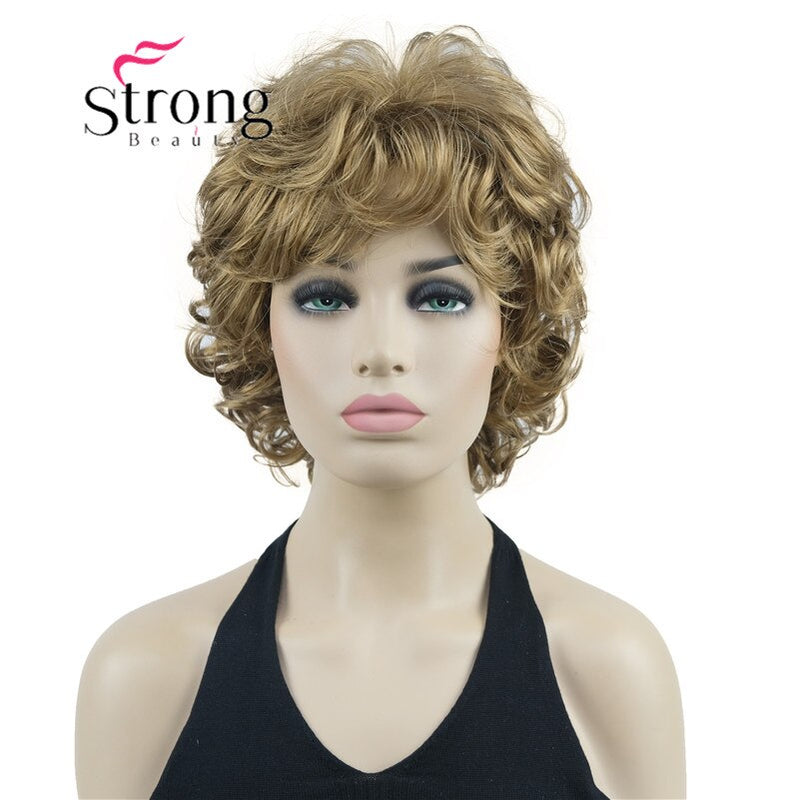 StrongBeauty Short Wig Soft Tousled Curls Blonde Highlights Full Synthetic Wigs COLOUR CHOICES