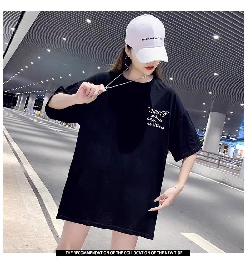 Harajuku Hip Hop Women Shirt INS Reflective Back Cartoon Bear T-shirt 2020 Summer Loose Couple Mid-length Short Sleeve Tops