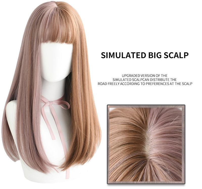 7JHH Long Remy Wig With Bangs Ombre Black Brown Synthetic Lolita Wig For Women High Temperature Wire Heat Resistant Cosplay Wig