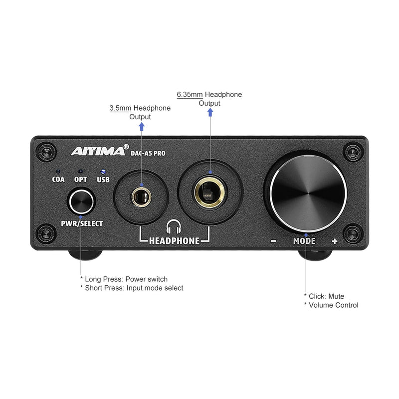 AIYIMA A5 PRO Headphone Amplifier USB DAC 24BIT 192KHz HIFI Decoder Audio Interface Digital Optical Coaxial PC USB Converter