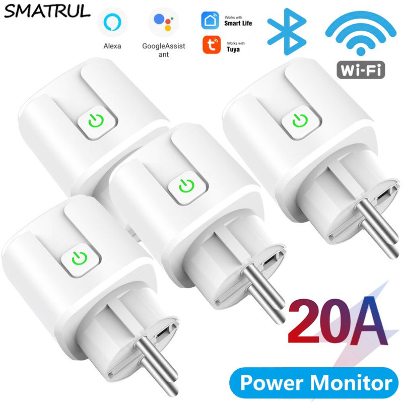 SMATRUL 20A Tuya WiFi EU Smart Plug Outlet 220V Power Monitor Wireless Socket Remote Timer Control For Google Home Alexa