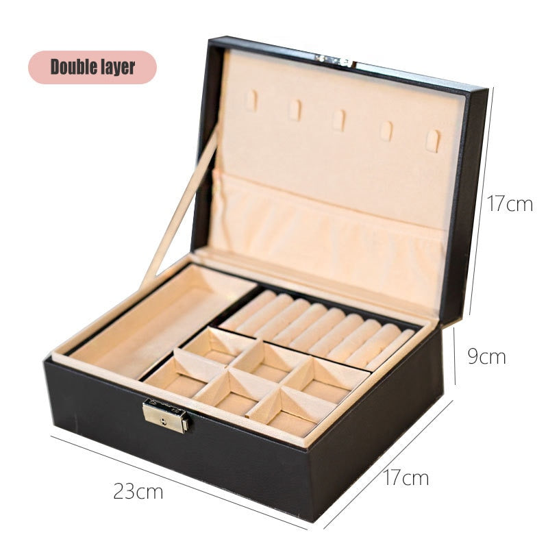 Large Double Layer Jewelry Organizer Earring Pendant Necklace Storage Box PU Leather Glasses Watch Women Cosmetics Lipstick Box