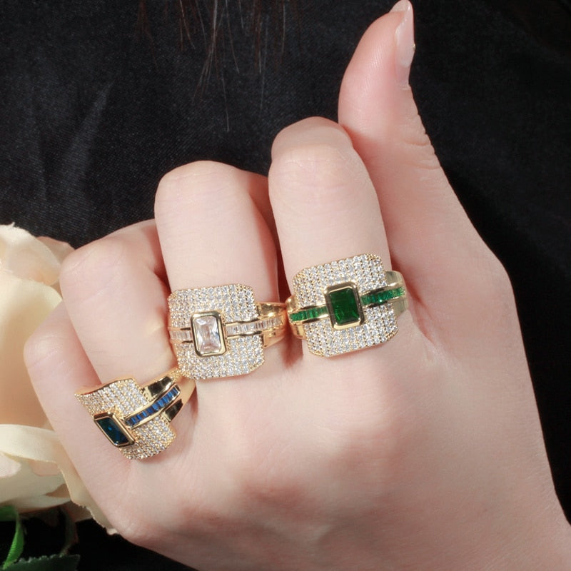 CWWZircons Monaco Luxury 585 Gold Color Green CZ Promise Ring for Women Wedding Engagement Dubai Punk Bridal Finger Rings R148