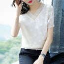 Women Spring Summer Style Chiffon Blouses Shirts Lady Casual Short Puff Sleeve V-Neck Loose Chiffon Blusas Tops ZZ0843