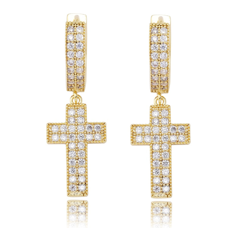 TOPGRILLZ Cubic Zirconia Bling Iced Cross Earring Gold Silver Color Copper Material Earrings for Men Women Hip Hop Rock Jewelry