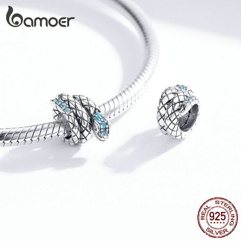 bamoer Genuine 925 Sterling Silver Jewelry Snake Charm for 3mm Snake Bracelet Retro Style Metal Bead Fine Jewelry SCC1351