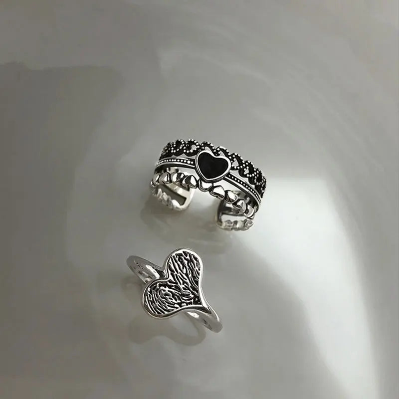 ANENJERY Silver Color Multilayer Heart Rings for Women Men Handmade Love Heart Thai Silver Rings Jewelry