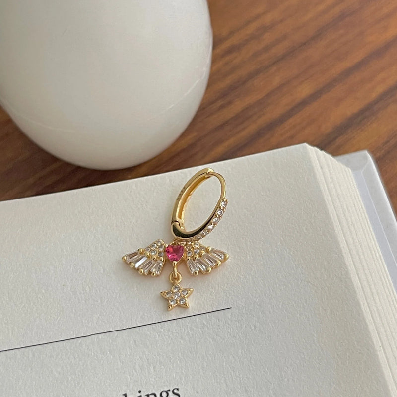 LIVVY Silver Color Earrings Pink heart shaped crystal zircon Angel's Wings  for Women Charm Trendy  Jewelry Earrings