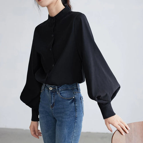 Große Laterne Ärmel Bluse Frauen Herbst Winter Einreiher Stehkragen Shirts Büroarbeit Bluse Solide Vintage Bluse Shirts