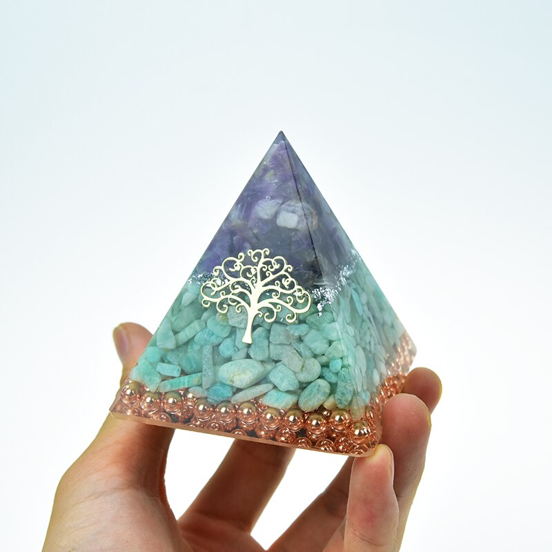 Orgonite Pyramid Jeremiel Ajna Chakra Natural Amethyst Amazonite Overcome Difficulties Resin Pyramid Crafts Decoration