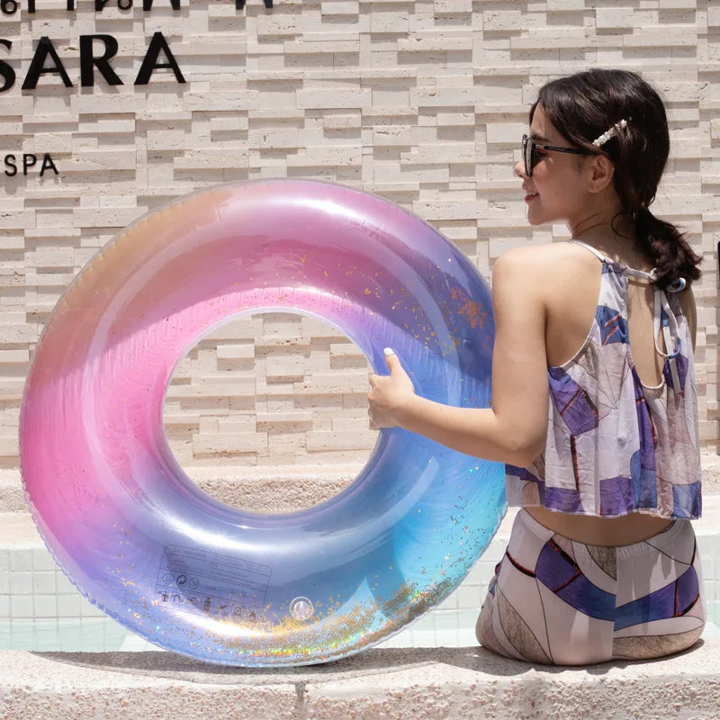 Ins Hot Sequined Beach Swim Circle Float Water Pool Party Inflatable Swimming Ring Baby Float Round Sequins Glitter Air Mattress