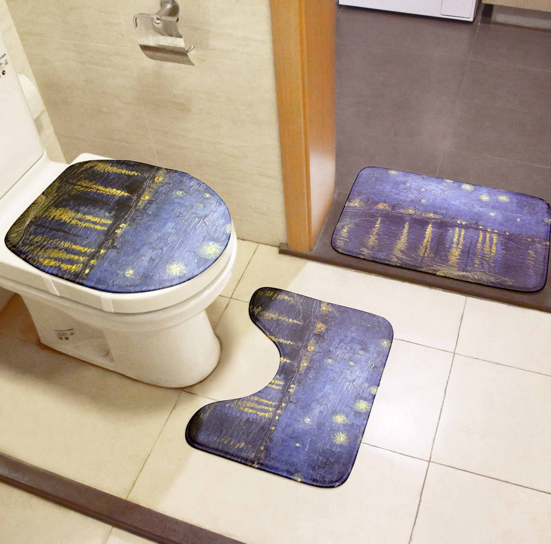 Toilet Mat Set 3D Van Gogh Oil Painting Sunflower Starry Night Floor Rugs Bathroom Shower Flannel Non-Slip Carpet Toilet Cushion