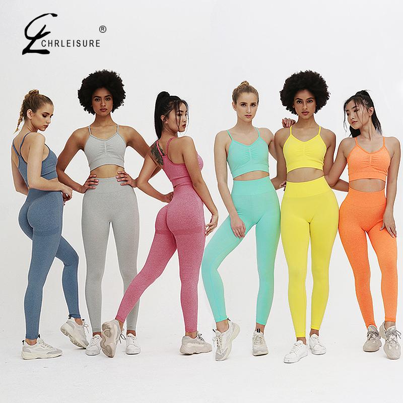 Solid Seamless Gym Two Piece Set Women High Stretchy Tracksuit Women Sports High Waist Leggings Workout Pants Sets Women