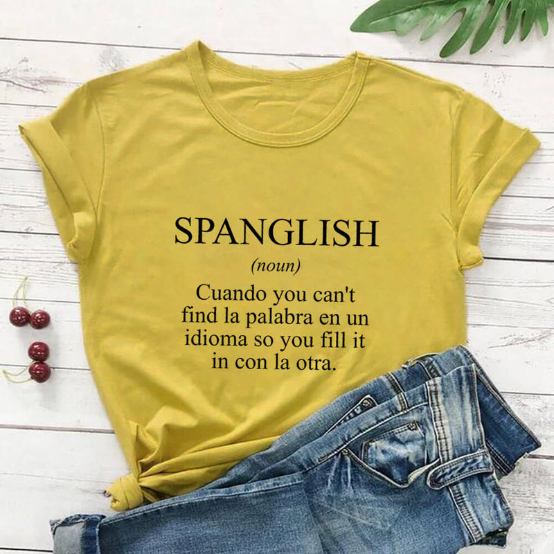 SPANGLISH Shirt Mexican Shirts Summer Women's Latina T Shirt 100%Cotton Funny Casual O-Neck Short Sleeve Top Spanish teacher Tee