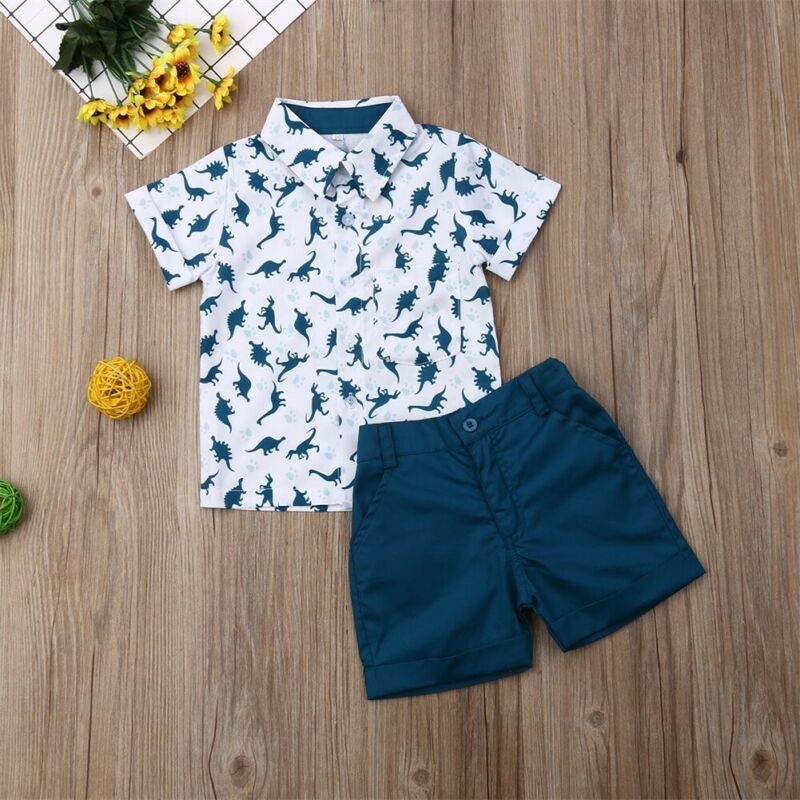 lioraitiin 1-6Years Kids Clothes Set Baby Boy Dinosaur Turn-down Collar Short Sleeve T-shirt Pant 2Pcs Casual Summer Clothes Set