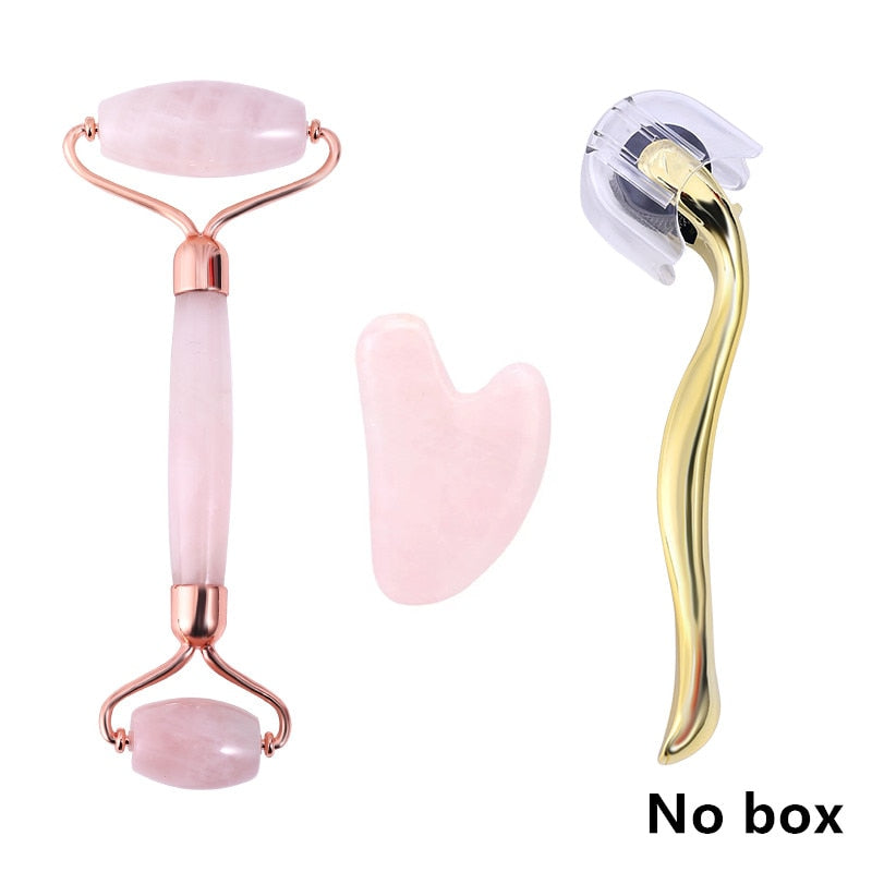 Rose Quartz Roller Massager Tool Natural Stone Facial Massager Jade Roller Microneedle Roller Jade Spatula Skin Care Kit Box