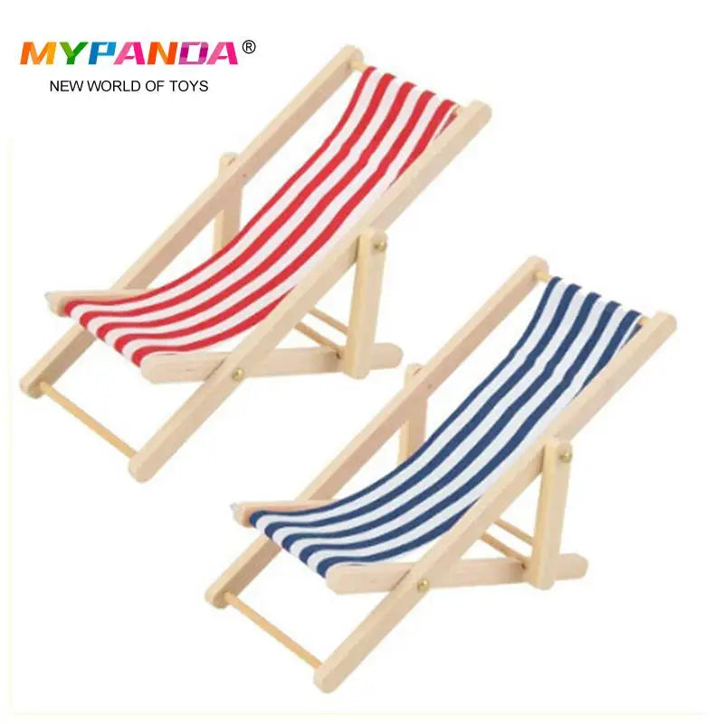 1:12 Mini Foldable Striped Wooded Beach Chair Recliner Sunbathing Chair Chaise Lounge Chair Dollhouse Furniture