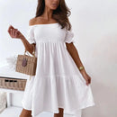 Women Sexy Backless Mini Dress Summer Fashion Lady Slash Neck White Puff Sleeve Big Swing Party Beach Dresses Casual Robe Femme