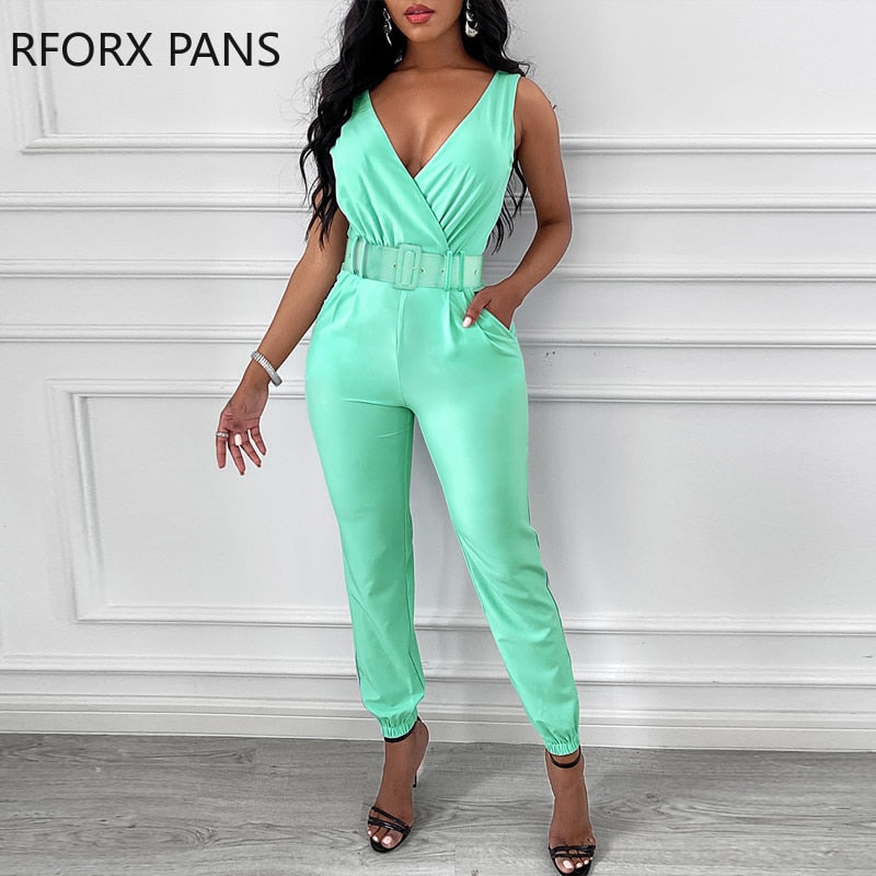 Soild Plain Sleeveless Pocket Design Backless Jumpsuit with Belt Casual Look for Women 2021