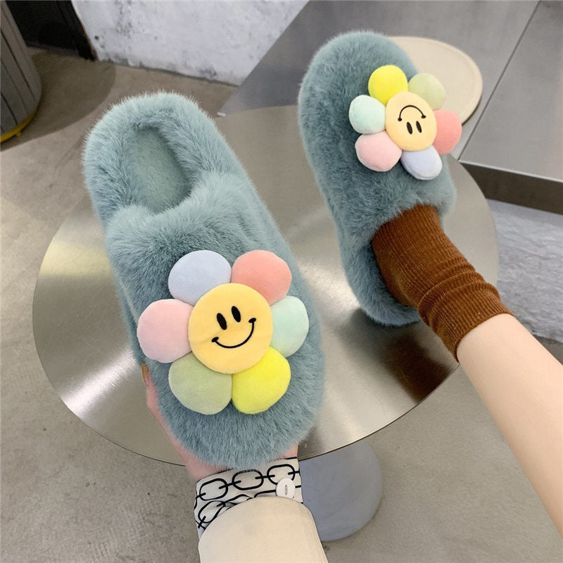 Sun flower Slippers Women Slippers Furry Fluffy Flat Shoes Winter Home Slippers Fashion Comfortable Slip Lazy Thick Fur Slides