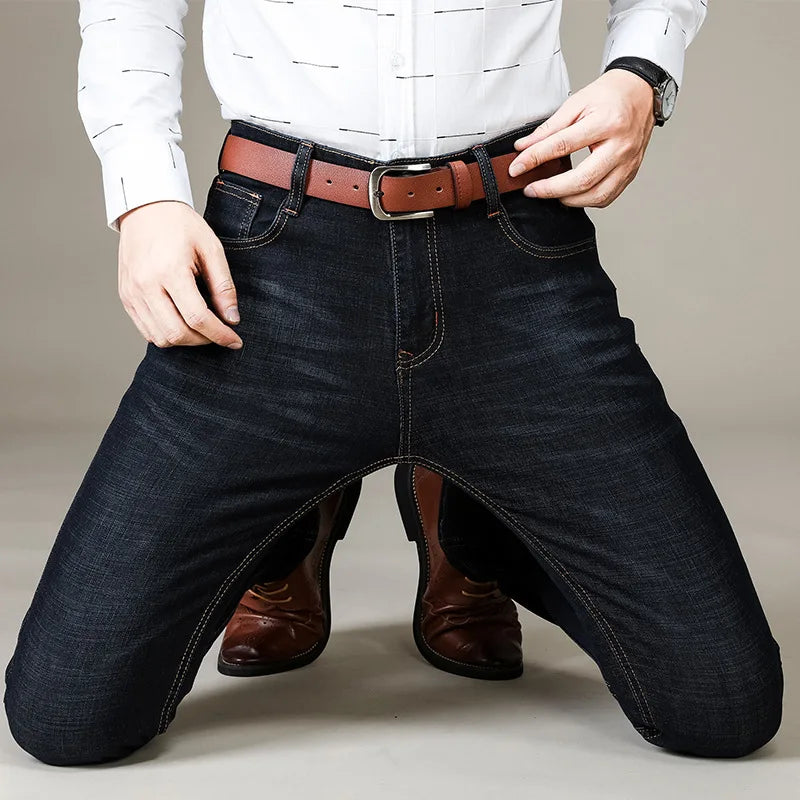 Autumn Classic Men's Fitted Stretch Jeans Business Casual Cotton Denim Straight Leg Pants Male Black Blue Trousers