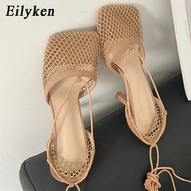 Eilyken New Sexy White Hollow Mesh Woman Pumps Sandals Square Toe High Heel Ankle Lace Up Cross-tied Party Dress Female Shoes