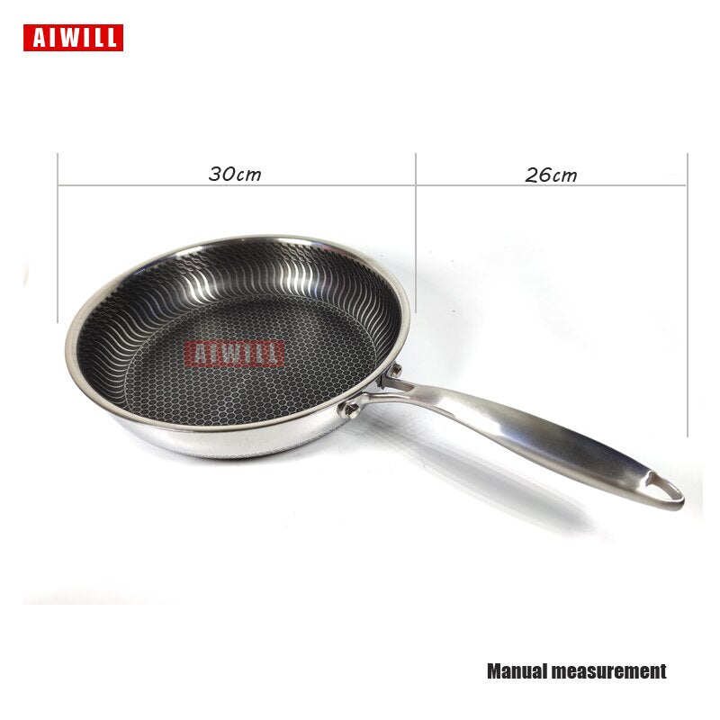AIWILL HOT 304 Stainless Steel Skillet Household Induction Compatible Nonstick Fry Pan Cookware Use for Kitchen Restaurant 30cm