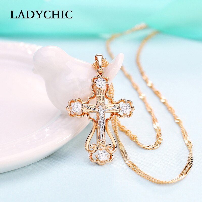 LADYCHIC Fashion Women AAA Zircon Cross Pendant Gold Color Copper Crystal Jesus Cross Pendants Necklace Hip Hop Jewelry LN1060