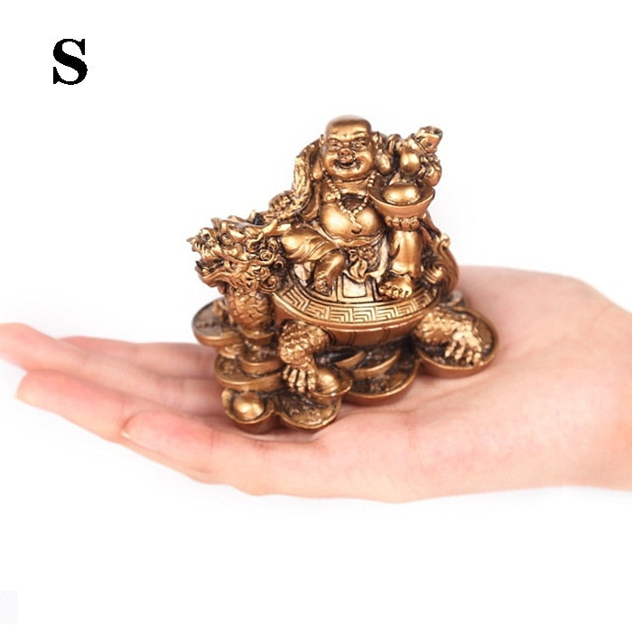 Resin God of Wealth Laughing Buddha Statue，Modern art sculpture，Chinese Home Feng Shui Dragon Turtle Decoration Figurines statue