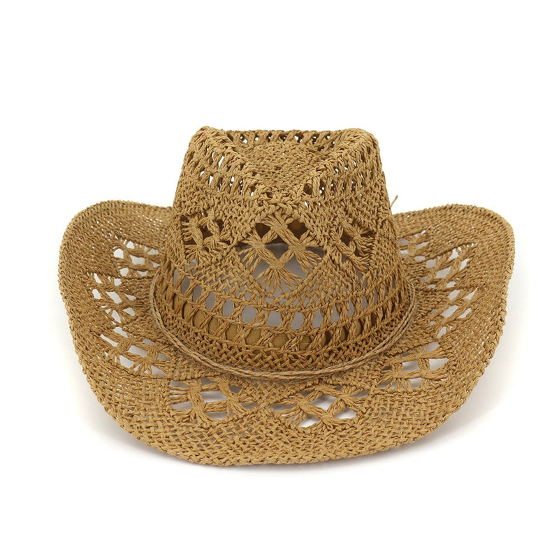 BUTTERMERE Straw Summer Hat Womens Sun Hat Hand Knitting Western Cowboy Cowgirl Hat Hollow Out Khaki Women Men Unisex Sunhat