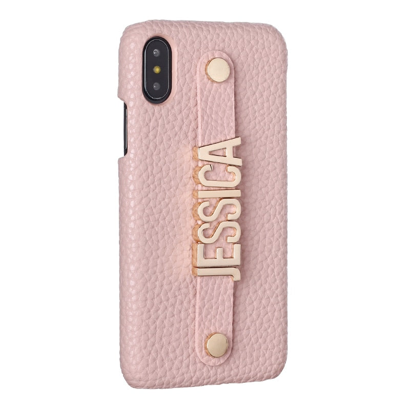 Holding Strap Letter Custom Personalize Name Pebble Leather Phone Case For iPhone14 14ProMax 14Plus 13Promax 13 12 1Luxury Cover