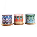 Set of 3 Succulent Plant Pots, 3.15 Inch Round Vases Cactus Ceramic Planters with Bamboo Trays & Drainage Hole Mandalas Pattern