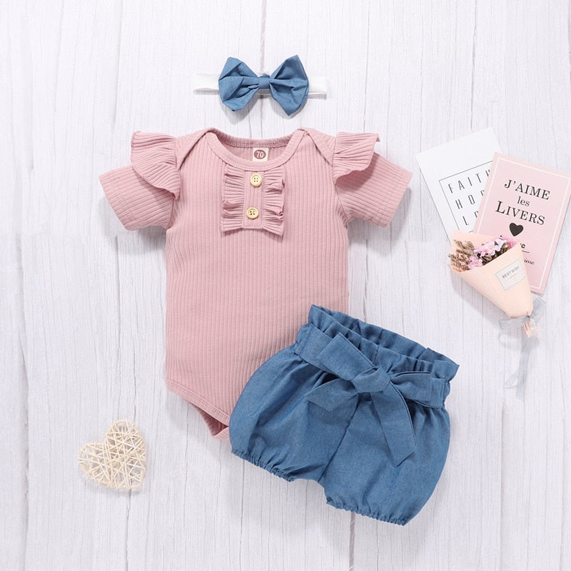 Newborn Baby Girls Outfits Clothes Cotton Solid Romper Jumpsuit + Denim Shorts+Headband Sweet Set Summer New23