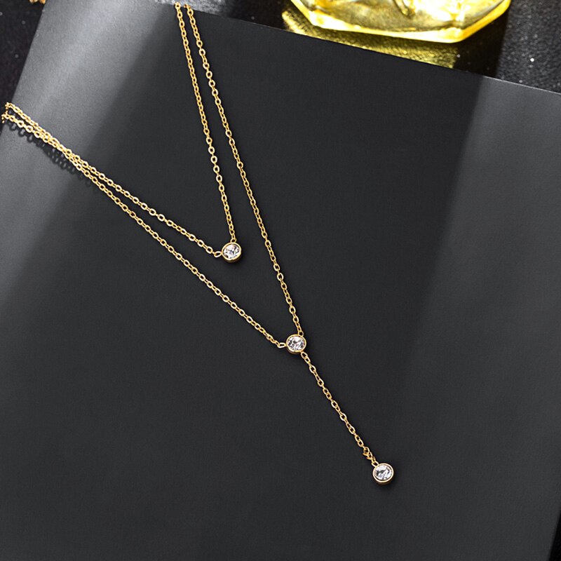 Hot Saleing 925 Sterling Silver Gold Color Shiny Luxury Zircon Double Layer Long Necklaces Women Gift For Women Fine jewelry