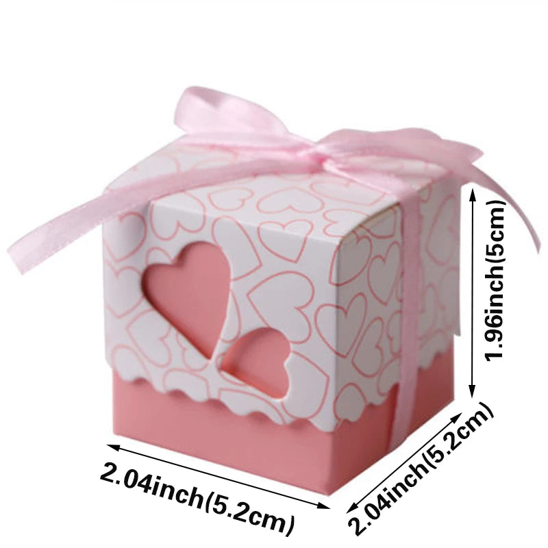 50Pcs Love Heart Candy Boxes With Ribbon Favors Gifts Box Christening Baby Shower Wedding Souvenirs Gifts for Guest Party Supply