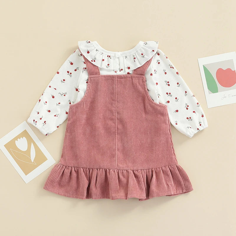 Infant Baby Girls Suit, Spring Autumn Long Sleeve Floral Printed Romper Tops+Solid Color Ruffled Dress