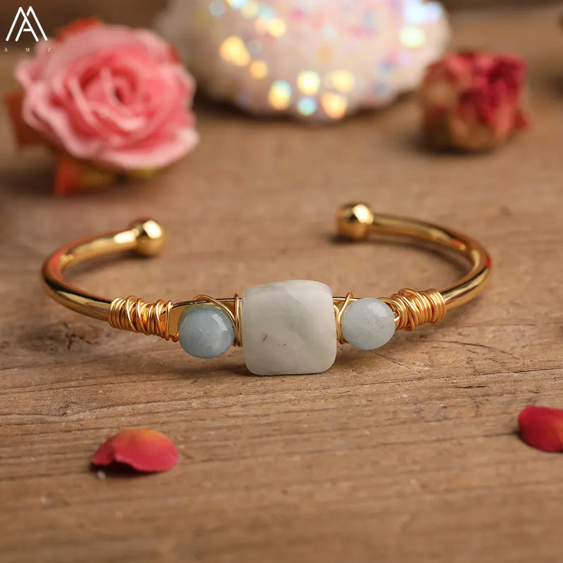 Natural Quartz Stone Beads Gold Bracelets Women Citrines Roses Quartz Chip Beads Open Cuff Bangles Bracelets Friendship Jewelry