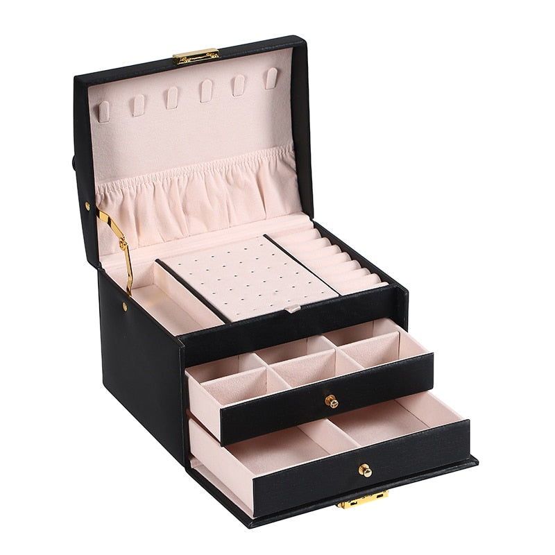 WE Bling PU Travel Portable Locked Jewelry Storage Box Three-layer Makeup Organizer Ring Earring Necklace Pouch Case Accessories