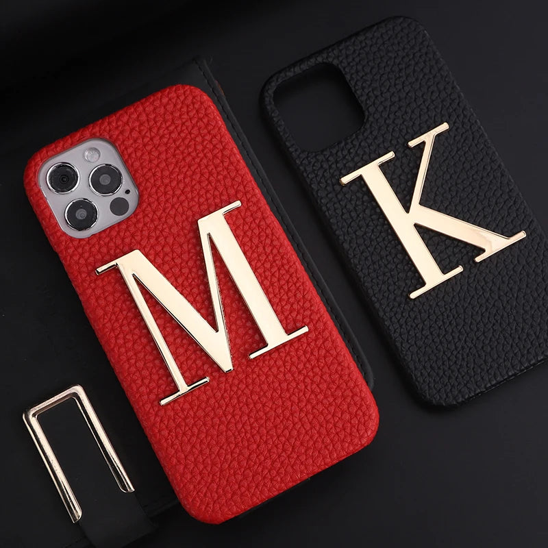 Luxury Personalise Custom Initials Name A-Z Phone Case For iPhone16 15 14ProMax Plus 13Promax  Pebble Leather Metal Letter Funda