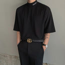 Letter Embroidered Black T-shirt Men Korean Loose Half Turtleneck Tees Boy 2022