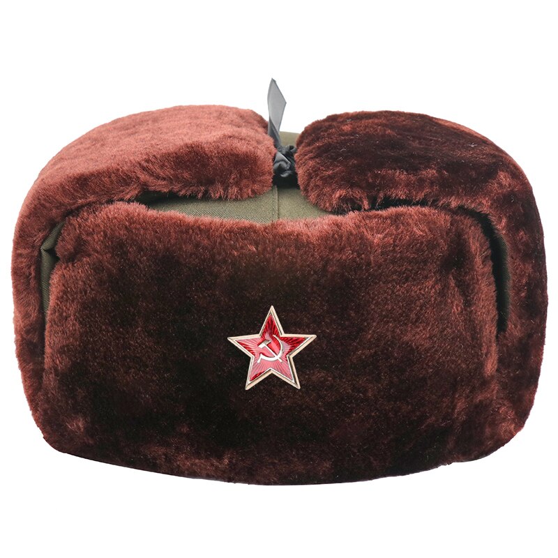 Soviet Badge Russia Ushanka Men Winter Bomber Hats Pilot Faux Fur Earflap Trapper Trooper Hat Russian National Emblem Snow Hats