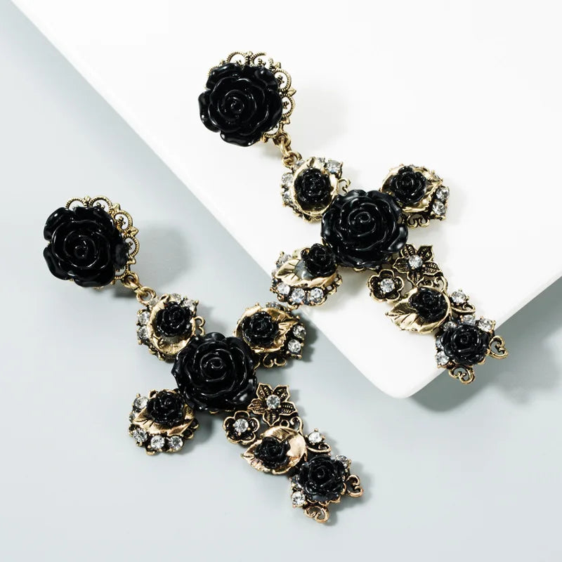 KMVEXO Baroque Vintage Gold Color Cross Earrings for Women Girls Enamel Rose Flowers Earrings Brincos Statement Jewelry 2022