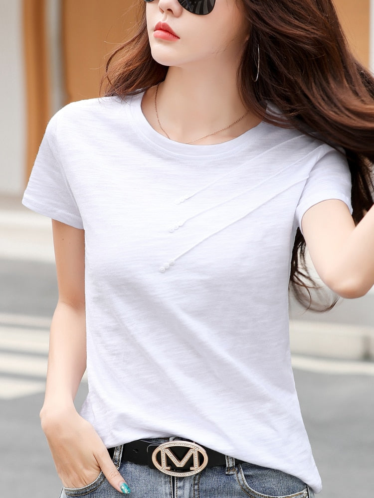 Short Sleeve Summer Women Ribbed Cotton Tee-Shirts Female Button Loose Casual Fashion T-Shirts 2023 Blue O-Neck Korea Tops S-3XL