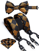 DiBanGu Mens Adjustable Silk Suspenders Bow Tie Cufflinks Pocket Square Set Metal Clips Y back Elastic Braces Wide Strap 3.5CM