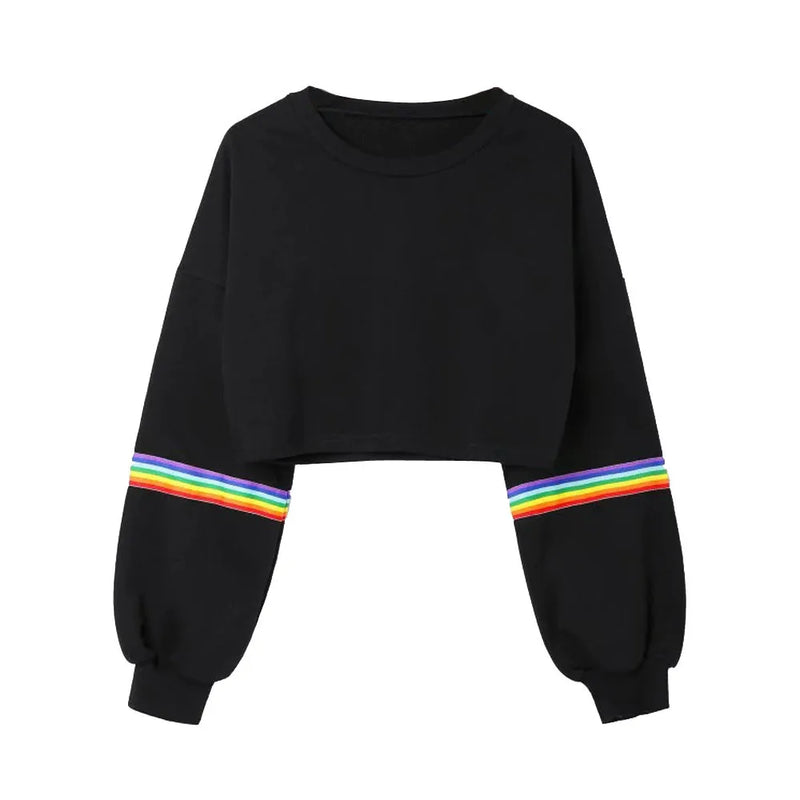 Rainbow Striped Patchwork Hoodie Fashion Girls Autumn Long Sleeve O Neck Crop Top Sweatshirts Hip Hop Pullover Blouse In Stock