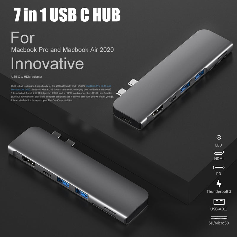 USB 3.1 Type-C Hub To HDMI Adapter 4K Thunderbolt 3 USB C Hub with Hub 3.0 TF SD Reader Slot PD for MacBook Pro/Air 2018 - 2020