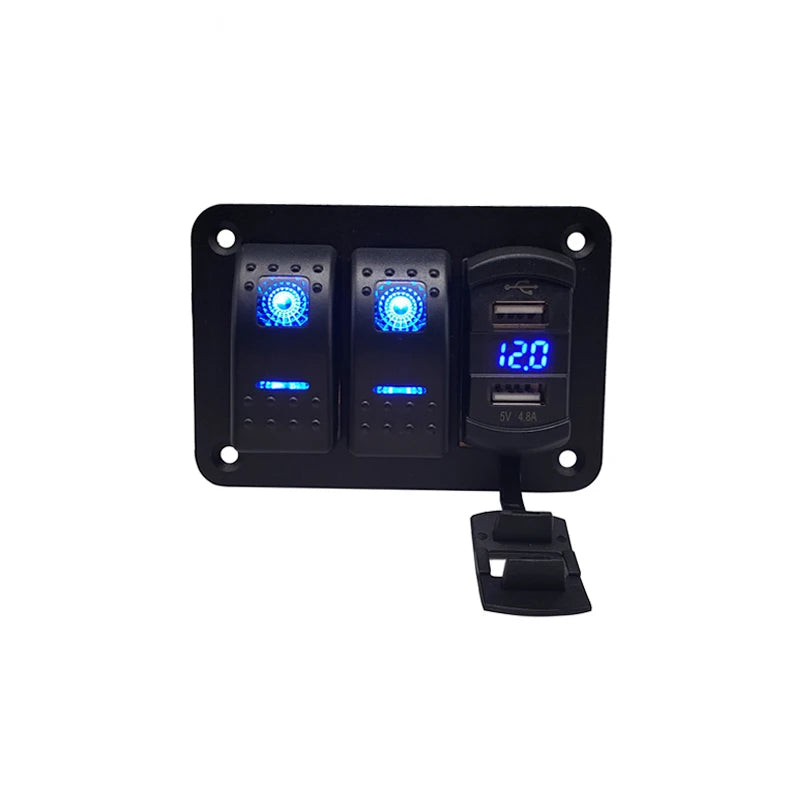 3/4/5 Gang ON Off Rocker Switch Panel with 4.2A Dual USB Charger Socket LED Digital Voltmeter Car Marine Boat LED Switch  Panel